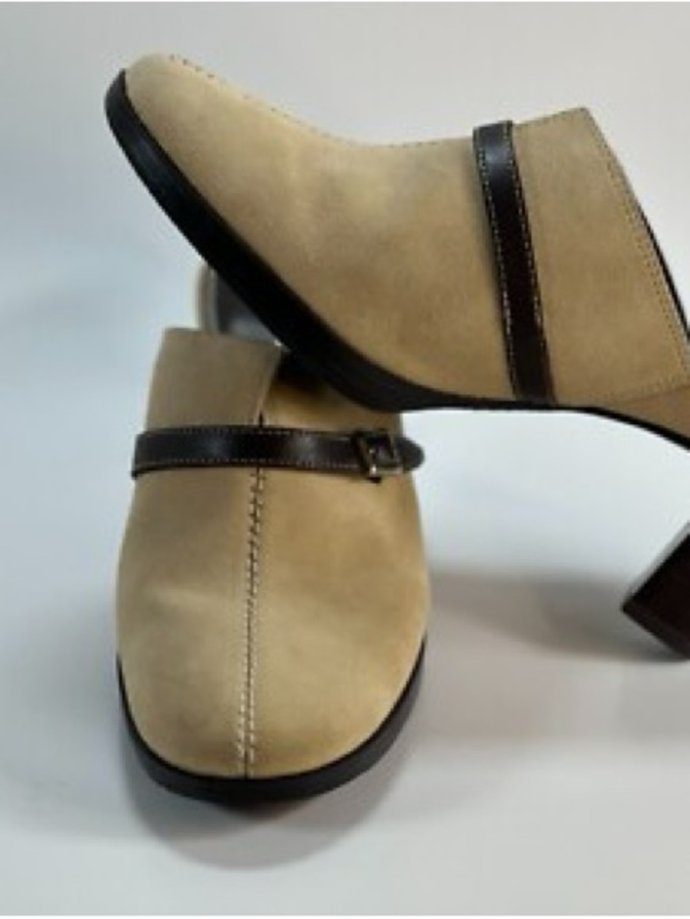 Women's Beige Suede Heeled Mules with Dark Brown Strap